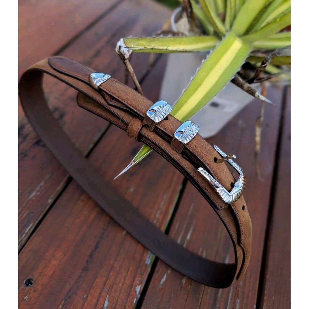 3-D Belt Western Brown Leather Belt Rodeo Size 32 Silver Buckle Double Unisex
